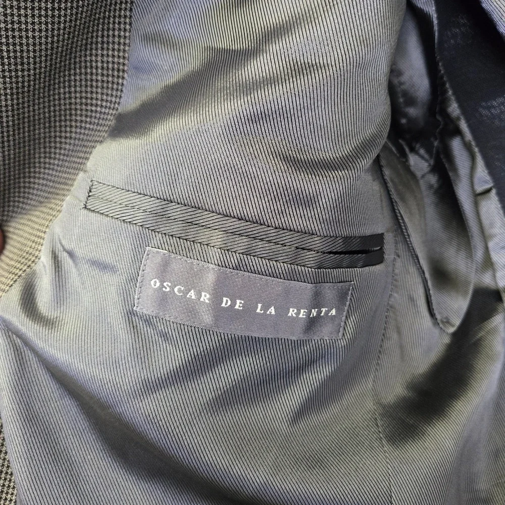 Oscar De La Renta Single Breasted Houndstooth‎ Blazer Professional Gray 45R